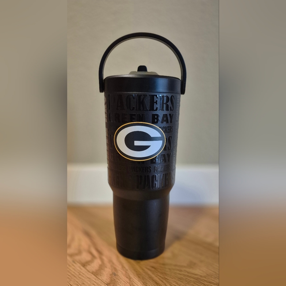 NEW Green Bay Packers 30oz Black Stainless Steel Flip Straw Tumbler LogoBrands